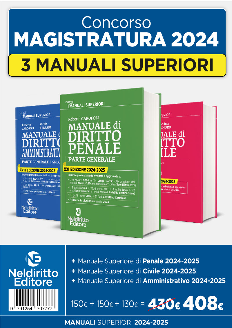 KIT 3 MANUALI SUPERIORI: Manuale superiore di diritto civile+ diritto Penale+ diritto Amministrativo 2024/2025 per concorso in magistratura - Libreria Giuridica Sauzano